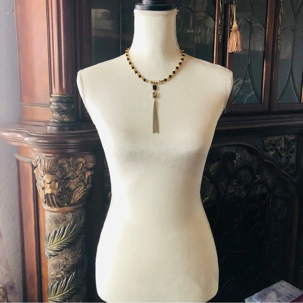 Handcrafted repurpose black and gold chain fringe Czech glass Pearl necklace